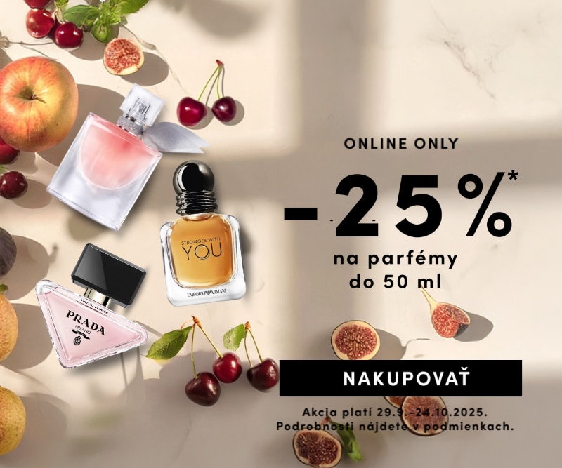 Online akcia: 25 % zľava na parfémy do 50 ml od značiek Prada a Armani, obklopené ovocím. Platí od 29. 9. do 24. 10. 2025.