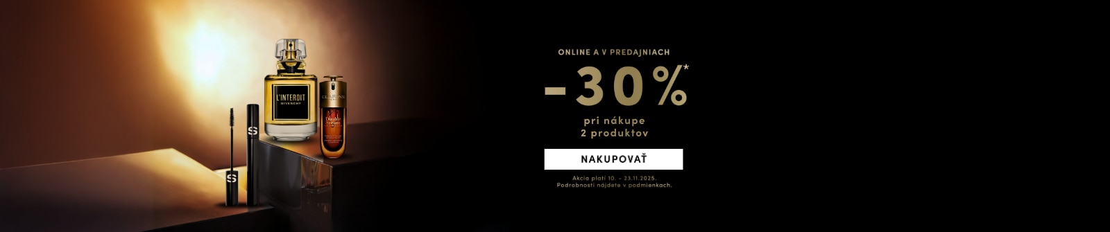 Parfum Givenchy L’Interdit, sérum Clarins Double Serum a riasenka Sisley so zľavou -30 % pri kúpe 2 produktov, dostupné online aj v predajniach.