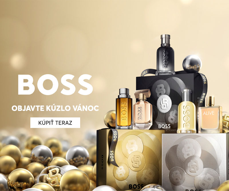 Hugo Boss vianočné darčekové sady parfémov v elegantnom zlatom a striebornom balení obklopené vianočnými ozdobami