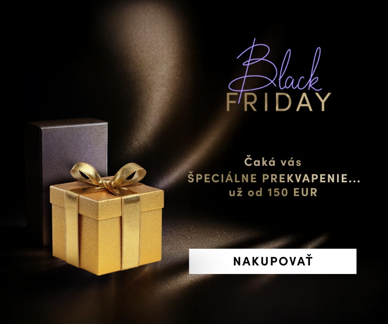 Black Friday špeciálne prekvapenie pri nákupe od 150 € – zlatá darčeková krabička na luxusnom pozadí.