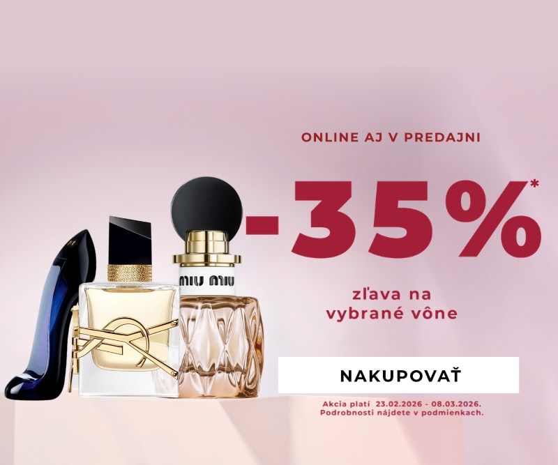Zľava 35 % na vybrané vône s elegantnými flakónmi parfémov na ružovom pozadí, dostupné online aj v predajniach.