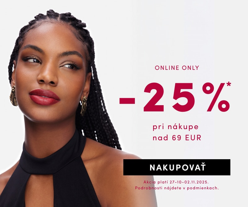 Online zľava 25 % pri nákupe nad 69 €, platná od 27.10. do 2.11.2025. Svetlé pozadie s výrazným červeným textom a tlačidlom Nakupovať.