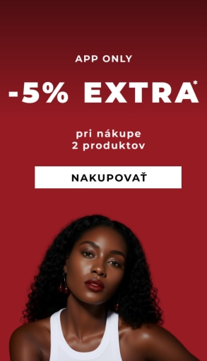 App-only akcia: extra zľava 5 % pri nákupe 2 produktov, červené pozadie, biely text a tlačidlo ‚Nakupovať‘.