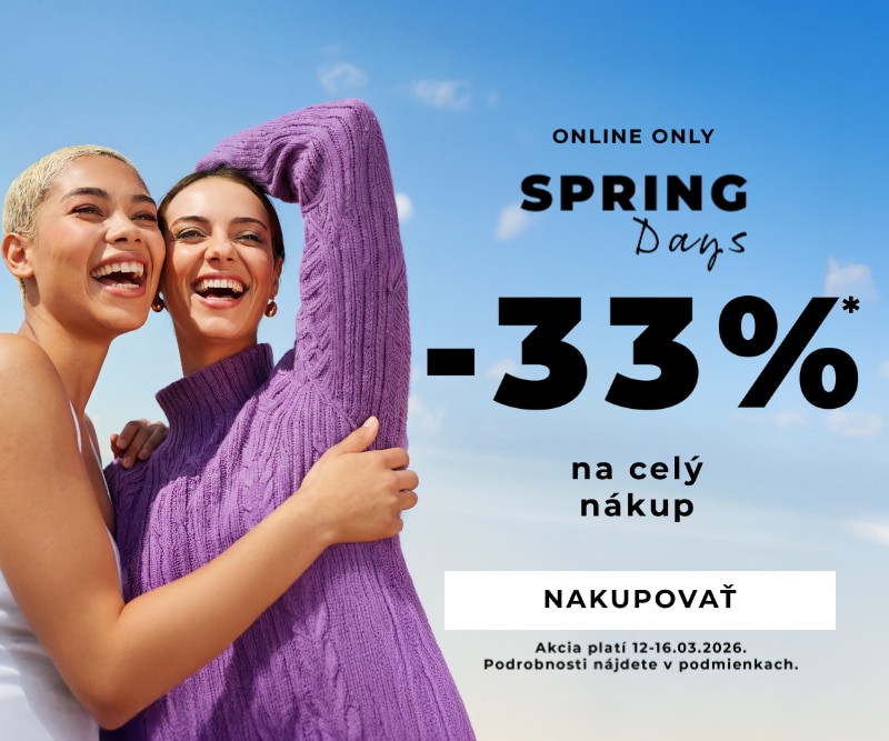 Promo banner Spring Days so zľavou 33 % na celý nákup a tlačidlom Nakupovať.