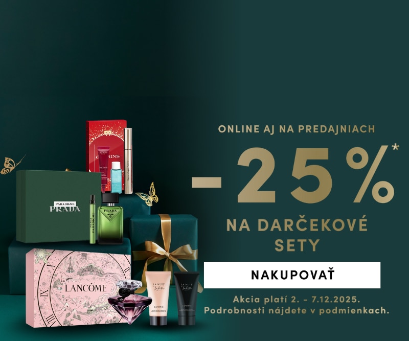 Zľava 25 % na darčekové sety – luxusné kozmetické balíčky Prada, Lancôme a ďalšie, akcia online aj v predajniach.