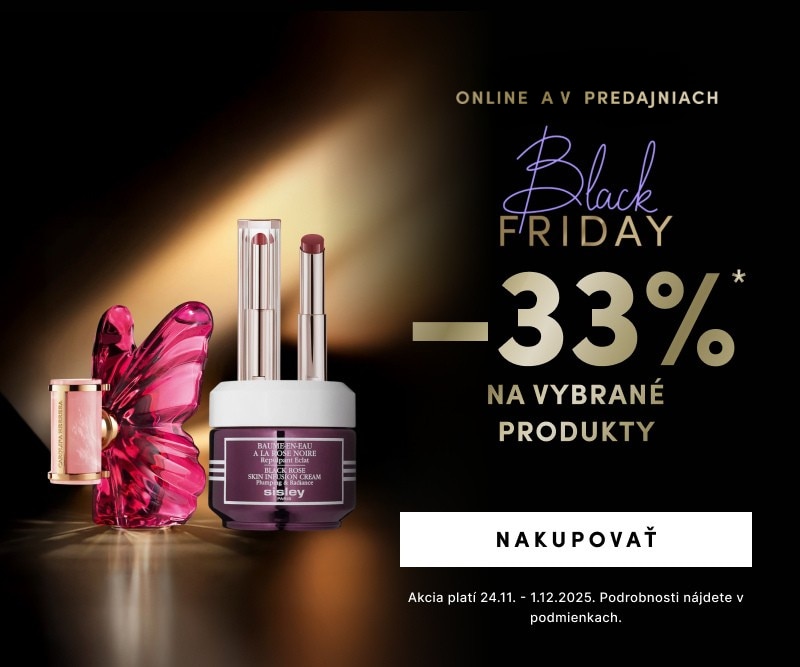 Black Friday reducere 33% la produse selectate. Cosmetice de lux Sisley și parfum în sticlă roz în formă de fluture. Ofertă online valabilă 24.11–01.12.2025.