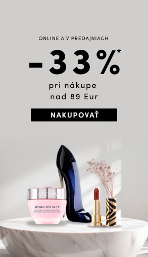 Online zľava 33 % pri nákupe nad 89 €, platí od 7. do 9.11.2025. Na obrázku krém Lancôme Hydra Zen Nuit, parfém v tvare lodičky a rúž na svetlom pozadí.