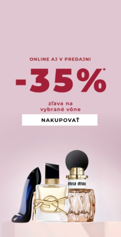 Zľava 35 % na vybrané vône s elegantnými flakónmi parfémov na ružovom pozadí, dostupné online aj v predajniach.