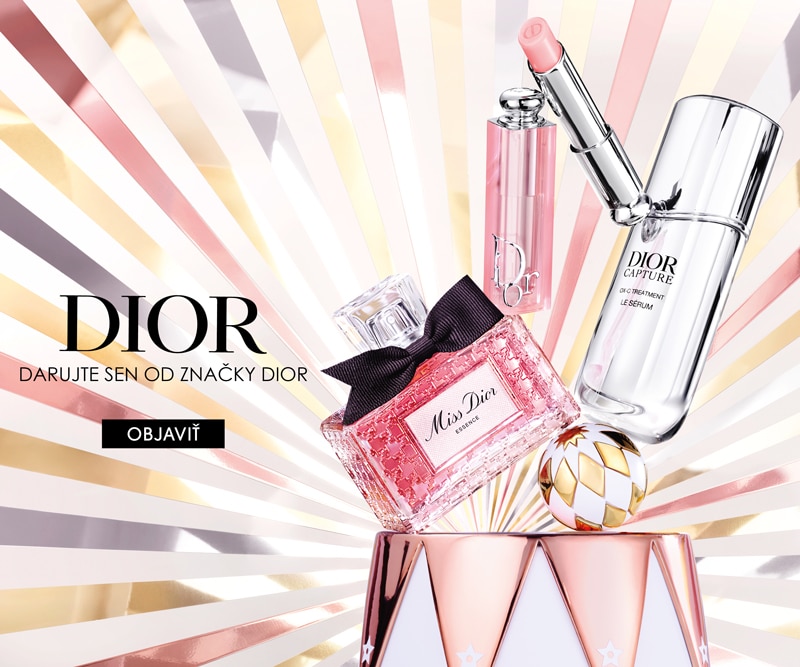 Luxusná kozmetika Dior – parfém Miss Dior, rúž Dior Addict a pleťové sérum Dior Capture na elegantnom sviatočnom pozadí