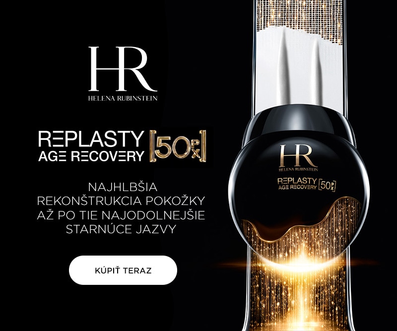 Helena Rubinstein Replasty Age Recovery [50x] v elegantnom čiernom flakóne so zlatými detailmi na tmavom pozadí, s textom o hĺbkovej rekonštrukcii pokožky až po najodolnejšie jazvy starnutia a tlačidlom „Kúpiť teraz“.