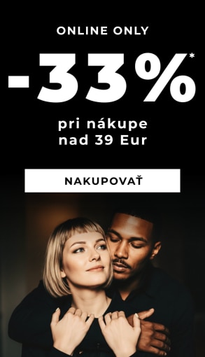 Promo banner s online slevou 33 % při nákupu nad 39 eur na tmavém pozadí.