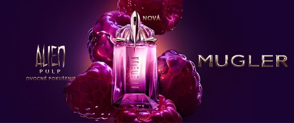 Mugler Alien Pulp parfum vo fialovom flakóne obklopenom šťavnatými malinami, zvýraznený luxusným tmavým pozadím.