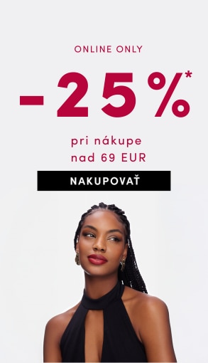 Online zľava 25 % pri nákupe nad 69 €, platná od 27.10. do 2.11.2025. Svetlé pozadie s výrazným červeným textom a tlačidlom Nakupovať.