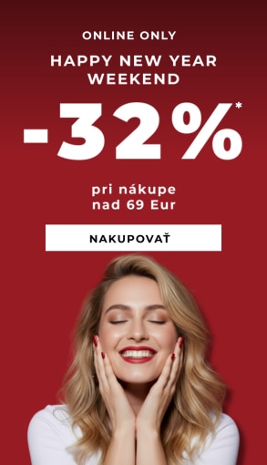 Online akcia Happy New Year Weekend: zľava 32 % pri nákupe nad 69 €; platnosť 02.–05.01.2026; tlačidlo Nakupovať