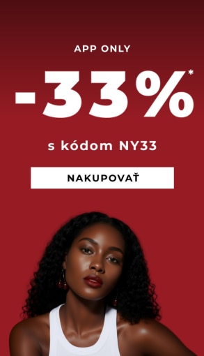 Aplikácia exkluzívna zľava 33 % s kódom NY33, platná do 05.01.2026. Červené pozadie, biely text a tlačidlo „Nakupovať“