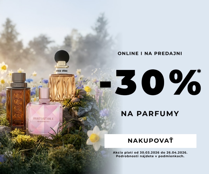 Výber značkových parfumov na kvetinovom pozadí, −30 % zľava online aj na predajni.