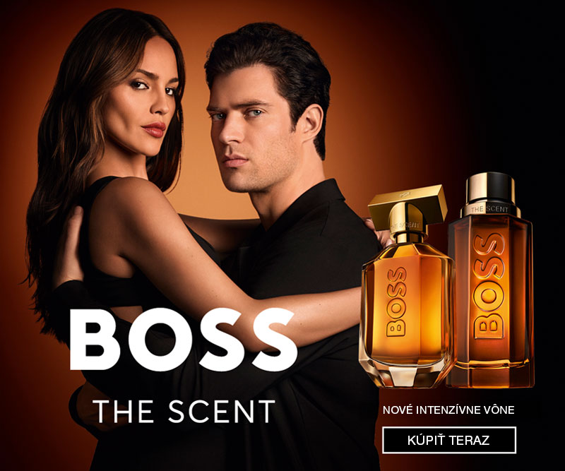 Hugo Boss The Scent – intenzívne dámske a pánske vône v jantarových flakónoch na dramatickom tmavom pozadí.