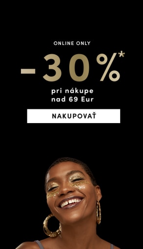 Online zľava 30 % pri nákupe nad 69 €, platí od 3. do 6.11.2025. Čierne pozadie so zlatým textom a tlačidlom Nakupovať.