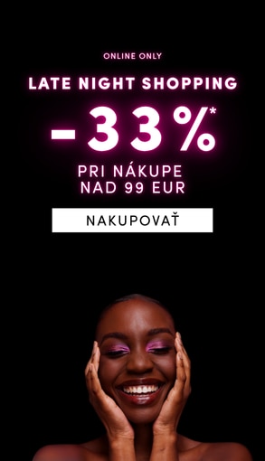 Late Night Shopping online: zľava 33 % pri nákupe nad 99 €, platí 2.11.2025. Čierne pozadie s ružovým textom a tlačidlom Nakupovať.