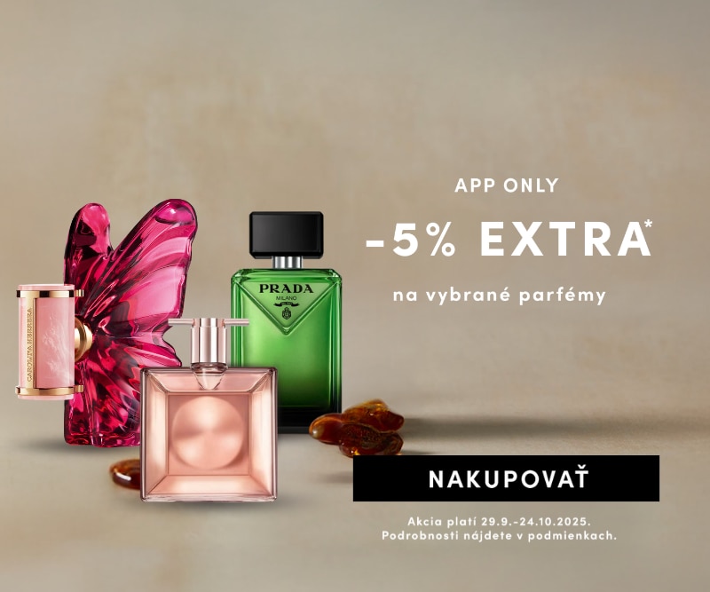Extra 5 % zľava na vybrané parfémy v aplikácii – vrátane značky Prada, platí od 29. septembra do 24. októbra 2025.