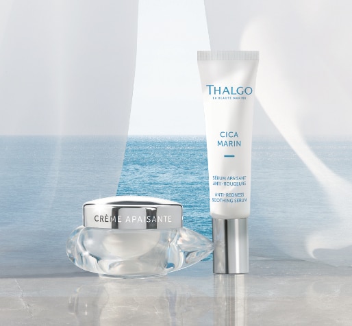 Thalgo Cica Marin sérum a Crème Apaisante – starostlivosť o citlivú pleť proti začervenaniu na pozadí oceánu.