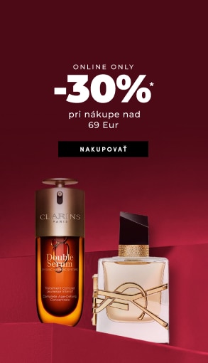 Online zľava -30 % pri nákupe nad 69 €; Clarins Double Serum a parfém Yves Saint Laurent na červenom pozadí.