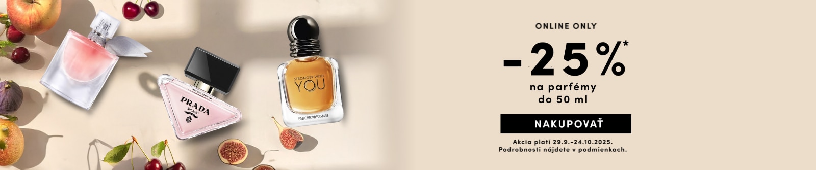 Online akcia: 25 % zľava na parfémy do 50 ml od značiek Prada a Armani, obklopené ovocím. Platí od 29. 9. do 24. 10. 2025.