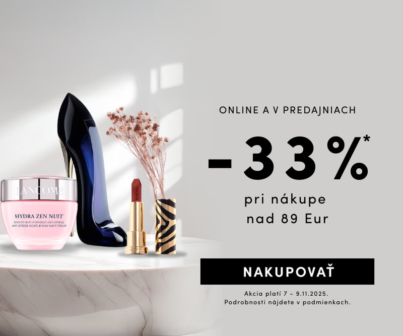 Online zľava 33 % pri nákupe nad 89 €, platí od 7. do 9.11.2025. Na obrázku krém Lancôme Hydra Zen Nuit, parfém v tvare lodičky a rúž na svetlom pozadí.