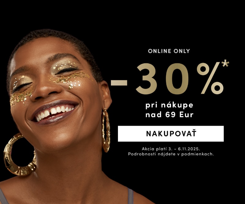 Online zľava 30 % pri nákupe nad 69 €, platí od 3. do 6.11.2025. Čierne pozadie so zlatým textom a tlačidlom Nakupovať.