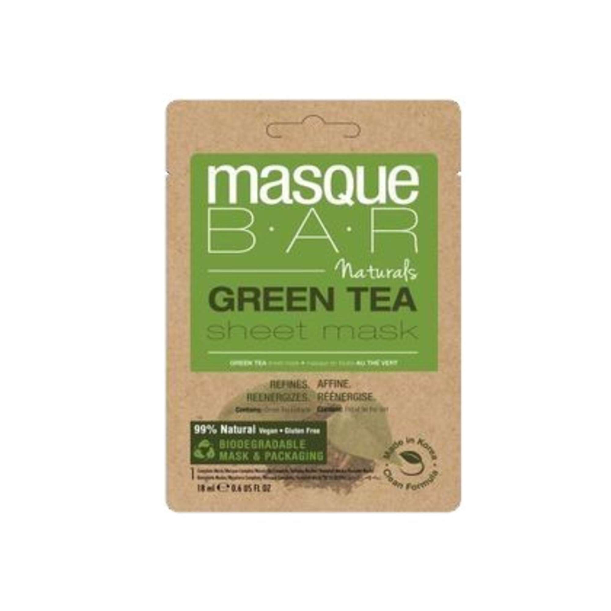18 ML MASQUEBAR NATURALS GREEN TEA SHEET MASK Čistiaca maska na tvár 1 of 1